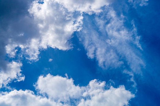 White clouds against a blue sky. Weather phenomena, synoptic forecasts. Blank for artworks