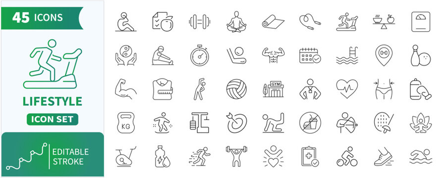 Lifestyle line icon set. Collection of Fitness, sports, wellness, Gym, wellness beauty, exercising, losing weight and more.Editable stroke.Vector illustration
