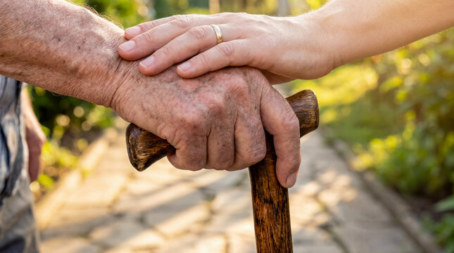 Adult hand comforting wrinkled senior hand gripping walking stick outdoors concept of geriatric physical support family empathy mobility assistance and intergenerational care