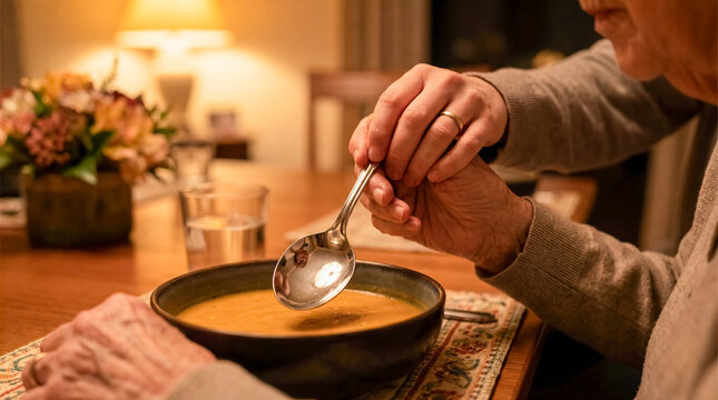 Close up of caregiver hands feeding warm soup to senior person with spoon concept of domestic hospice assistance nutritional support for elderly and compassionate care
