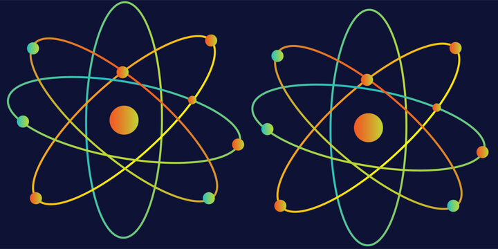 Colorful atomic structure illustration, nuclear energy concept, atom model with electron orbits.