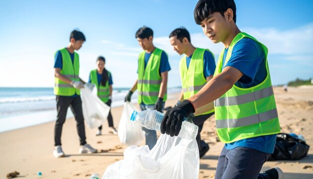 Young Asian volunteers diligently cleaning up plastic waste from a sandy beach, promoting environmental protection and community service