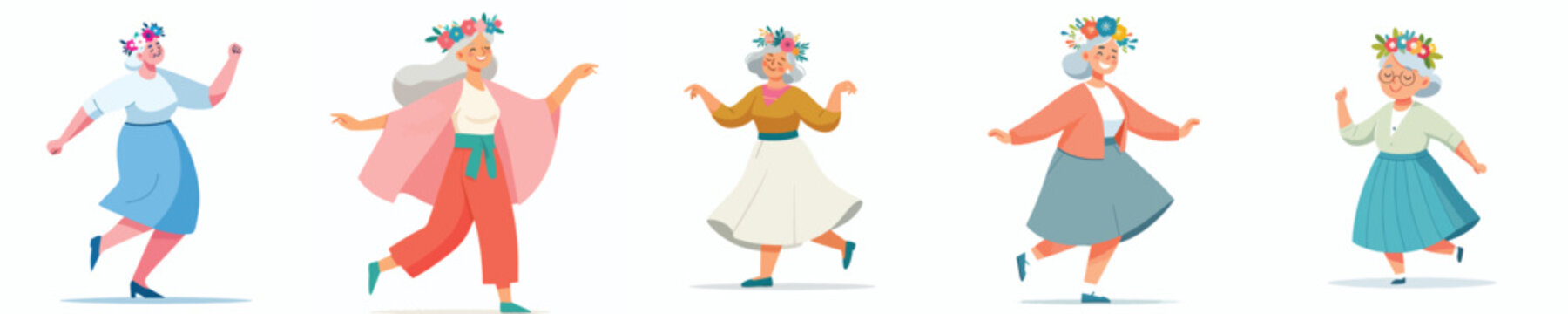 vector of a happy dancing grandmother wearing a spring flower crown
