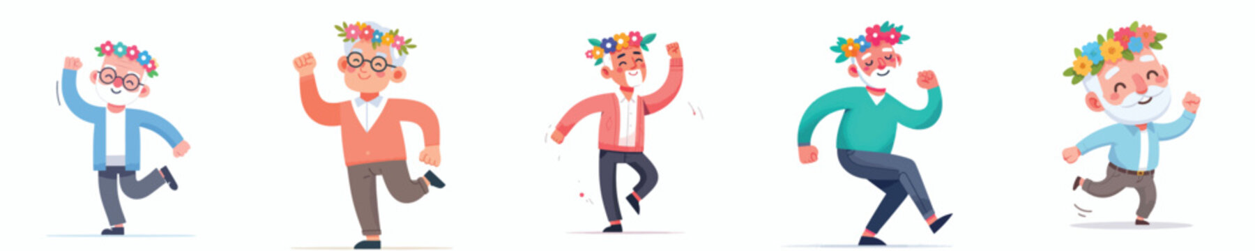vector of a happy dancing grandfather wearing a spring flower crown