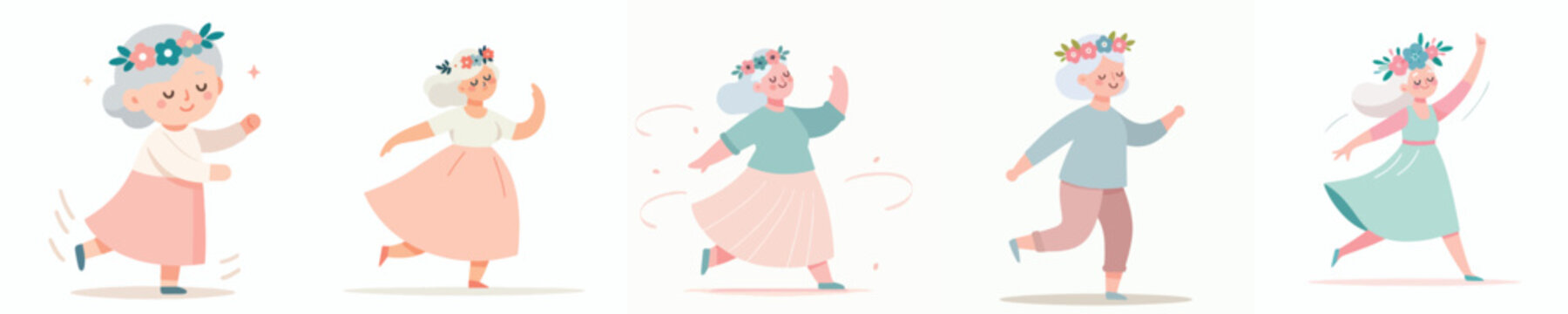 vector of a happy dancing grandmother wearing a spring flower crown