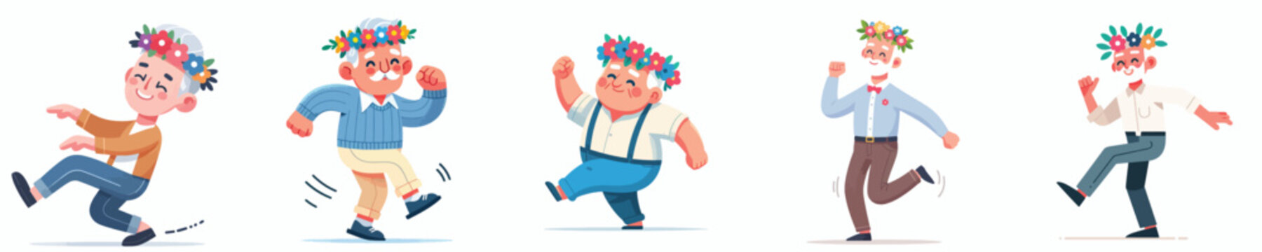 vector of a happy dancing grandfather wearing a spring flower crown
