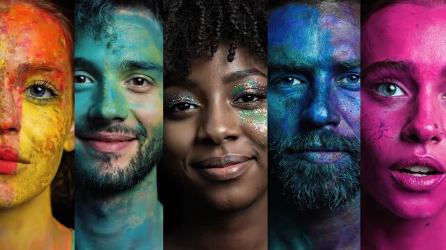 Celebrating diversity through vibrant expressions, each face adorned with colorful paint, representing unique cultures and backgrounds in a harmonious blend of identities