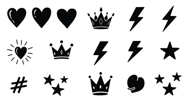 Collection of hand drawn heart crown star and lightning bolt shapes silhouette