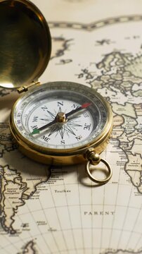 Ultra high-angle macro video: vintage polished brass compass on elegant antique world map. Professional hand in business cuff aligns map; needle points North. Decisive clarity, strategic guidance for