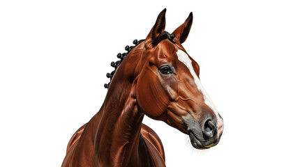Obraz premium Closeup of a beautiful brown horse with white marking on face and braided mane transparent background
