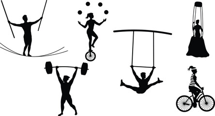 Circus performers silhouettes set featuring tightrope walker, juggler on unicycle, trapeze artist, strongman lifting weights, aerialist, and female cyclist on white background, vector illustration. © SreeHaridash
