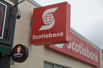 Obraz premium wall mounted projecting box sign outside Scotiabank branch at 1547 Bayview Av, East York, Toronto