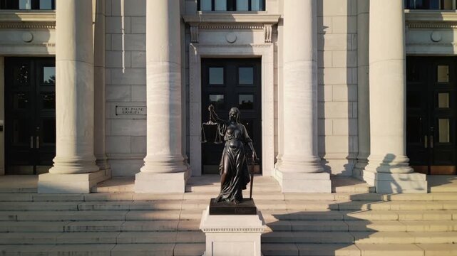 Justice statue with scales and sword in front of courthouse building with large columns and steps under daylight for law, fairness, and legal system concept.