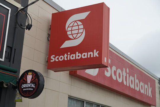 wall mounted projecting box sign outside Scotiabank branch at 1547 Bayview Av, East York, Toronto
