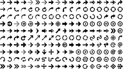 Fototapeta premium Comprehensive collection of solid black arrow icons featuring diverse silhouettes for interface navigation and wayfinding graphic designs