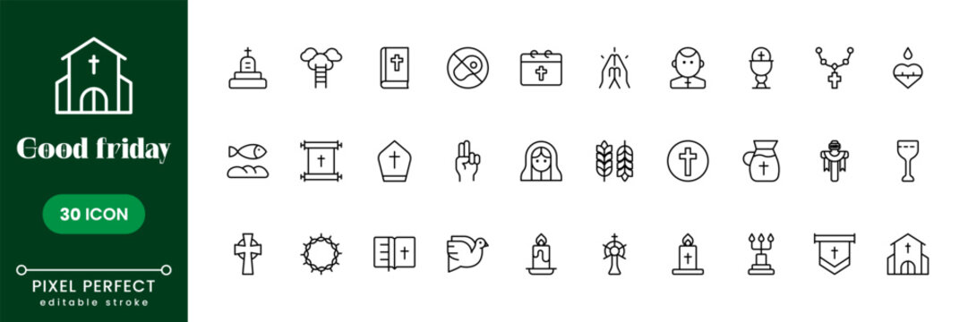 Good Friday icons set with Christian cross and crucifix symbols, religious vector illustrations for faith, prayer, church events, and spiritual designs.