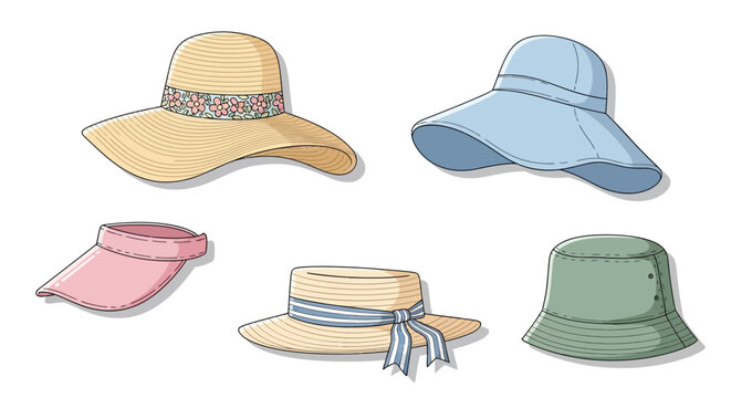 Collection of various colorful summer hats.