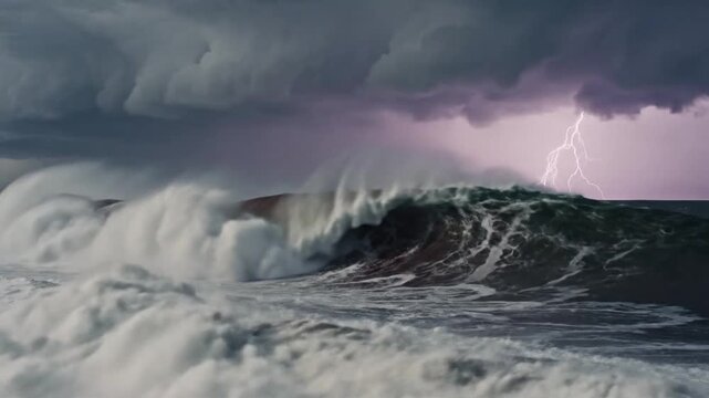 Stormy ocean waves with lightning in background.