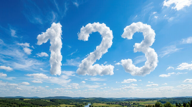 Sky Cloud Formation with the Number 123 Floating in the Bright Blue Sky
