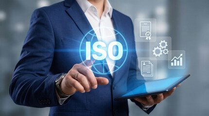 Obraz premium Businessman in blue suit holding tablet with ISO certification icons on screen for quality management and standards