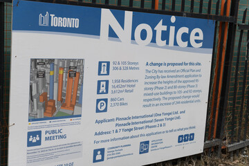 Fototapeta premium City of Toronto Notice change proposal sign at 1 & 7 Yonge St (site of SkyTower Pinnacle One Yonge)