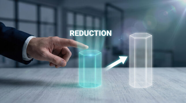 Businessman pointing to a glowing blue 3D bar chart with reduction concept and an arrow pointing to a white 3D bar chart on a wooden table in an office