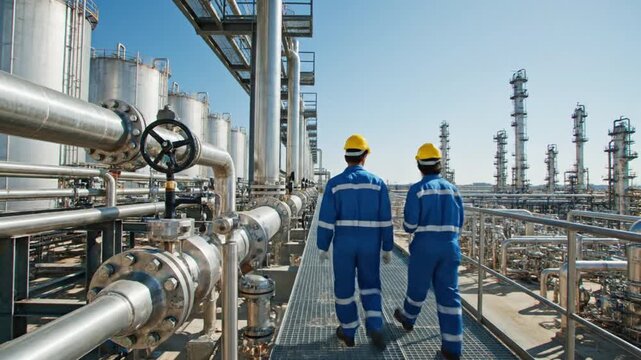 Two diligent petrochemical engineers wearing yellow safety hard hats and blue overalls inspect pipeline pressure gauges at an industrial refinery facility.