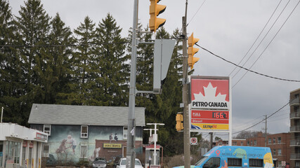 Fototapeta premium wide view of a Petro-Canada gas station located here at northwest corner of 1232 Bayview Av and Moore Av, Toronto