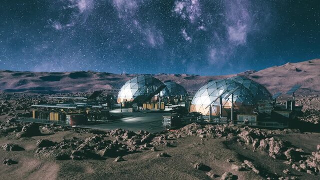 Colony expansion domes under starry panorama, cranes and assembly rigs dot horizon, modular components staged for installation, scene suggests progress,