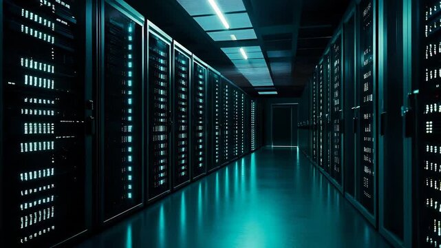 Dark data center server room with glowing blue lights