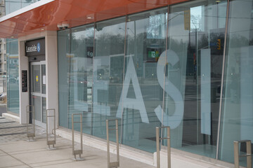 Fototapeta premium exterior (detail) view of Leaside Station, Eglinton Line 5, located at Bayview Av and Eglinton Av E, Toronto