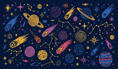 Colorful cosmic outer space elements with planets stars comets and constellations in a whimsical hand drawn vector illustration doodle art © Kanon Islam