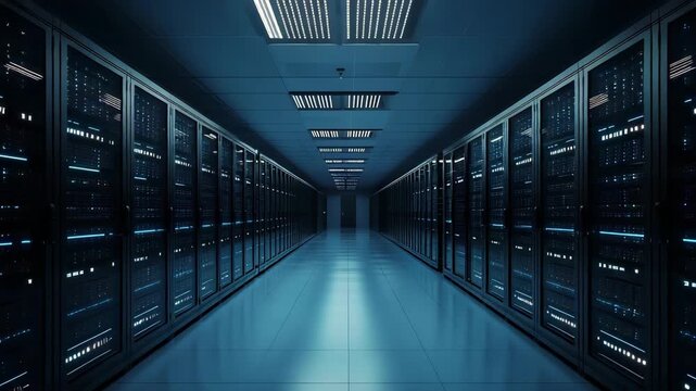 Data center server room with rows of computer racks