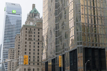 Fototapeta premium TD Terrace, Fairmont Royal York hotel and detail of Royal Bank Plaza, South Tower, looking west on Front St W from Bay St, Toronto
