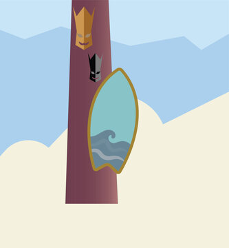 Abstract composition with masks on a totem pole, a shield and a surfboard