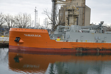 Fototapeta premium view of MV Tamarack (Canada Steamship Lines), a cement carrier, docked at Polson slip (Amrize, formerly Lafarge), from Cherry St, Port Lands, Toronto