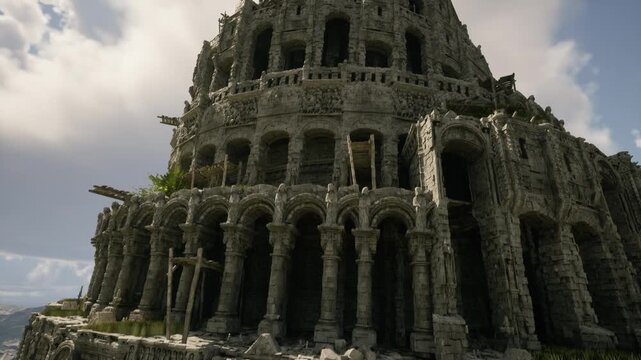 detailed closeup of weathered facade and layered arches, textured stone, crumbling edges and plant life in crevices, tactile composition ideal for texture,