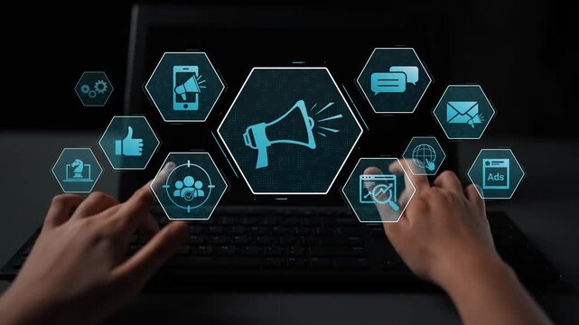Digital marketing promotion strategy using megaphone, social media marketing, digital ads video content, communication, analytics, and global branding advertisement for business outreach Marrow