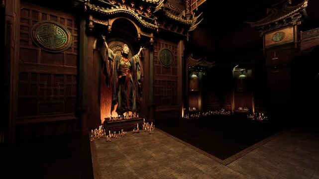 Ornate altar with glowing candles and buddha statue, dim wooden sanctuary lined with votive lights, carved panels and gilded reliefs, warm amber glow casting