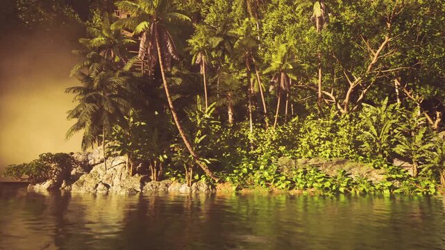 Detailed shoreline growth with dense foliage and mangrove roots, biodiversity rich habitat suited for conservation messaging and ecological research visuals,