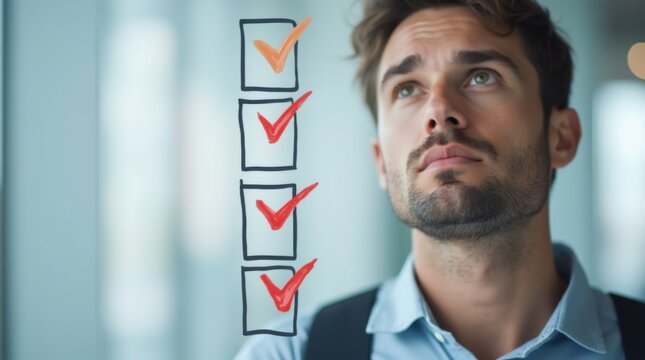 Blurred man looks up from a checklist with multiple completed tasks symbolizing planning and achievement 

