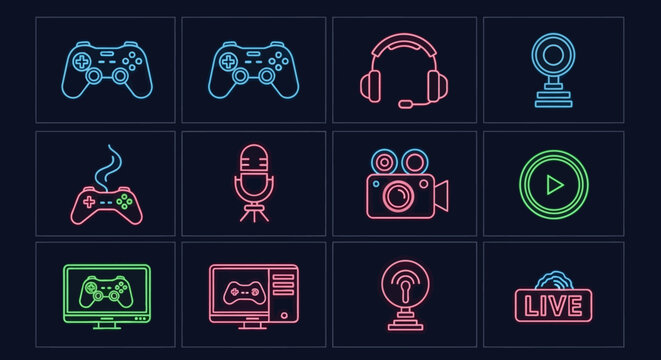 Neon icons for online media technology.