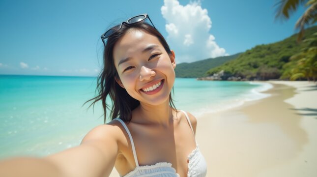 Happy young Asian woman taking a selfie on a tropical beach, concept of summer vacation, travel, and joy. 
