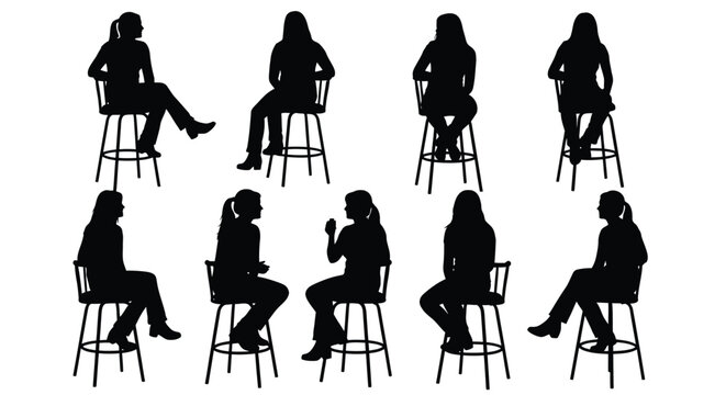Vector illustration of diverse women's silhouettes sitting on bar stools in various relaxed poses.