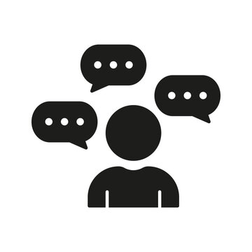 Person With Speech Bubbles Solid Icon. Communication, Discussion, And Social Interaction Silhouette Symbol. Conversational Engagement. Isolated Vector Illustration