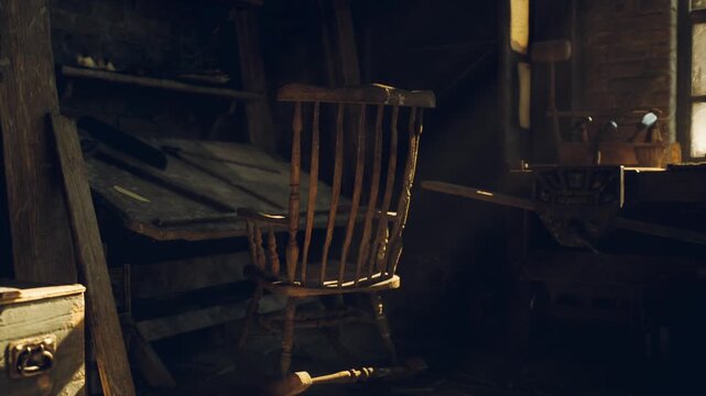 leaning wooden chair among scattered planks, broken workbench and dust filled air, narrow sunrays highlight worn spindles and peeling finish, mood of neglect