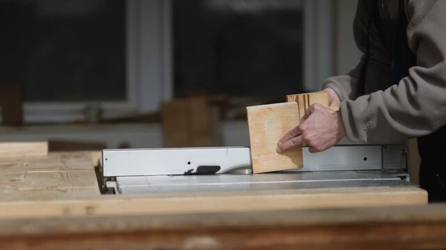 A craftsman uses a table saw to precisely cut a wooden plank in a well-lit workshop. The worker demonstrates careful woodworking, wearing safety glasses and ear protection.