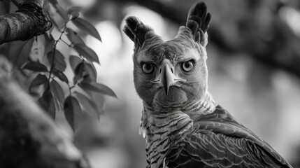 Obraz premium a Brazilian Harpy Eagle looking forward with the feathers on its head sticking up. There is some tree leaves behind it.
