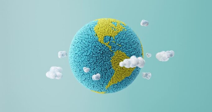 3d plush earth with fluffy clouds and paper plane orbiting in seamless loop, soft texture and travel concept on clean background