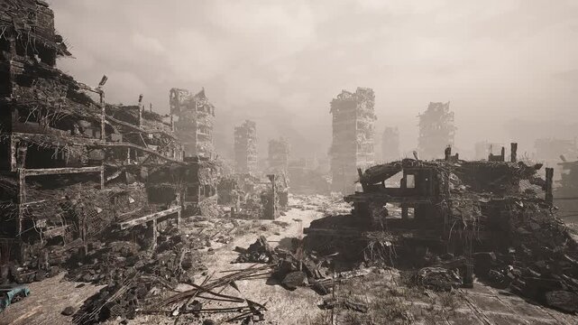 Overgrown residential ruins with broken poles, climbing vines and cracked facades, mossy porches and empty doorways, telephone wires sagging, melancholic